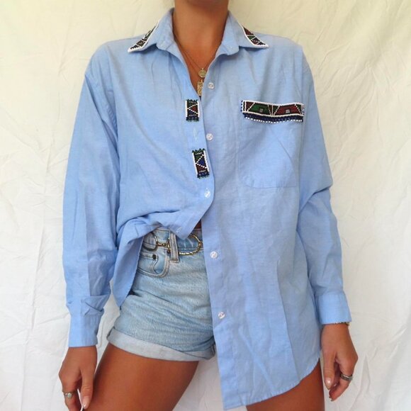 VIVA AFRIKA BLUE BEADED NATIVE AMERICAN BUTTON DOWN TOP WOMENS XL - Picture 3 of 8